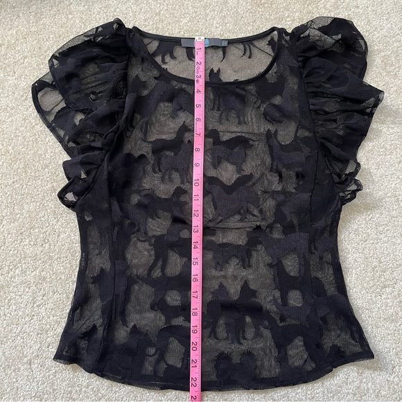 Eva Franco Lace Ruffle Cap Sleeve Dog Print Top Womens M Black - Picture 5 of 5